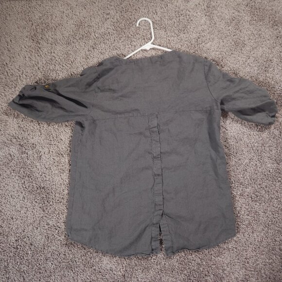 Ellen Tracy Linen Pullover Womens Large Gray 1/4 Zip Roll Tab Pockets Blouse - Picture 2 of 16
